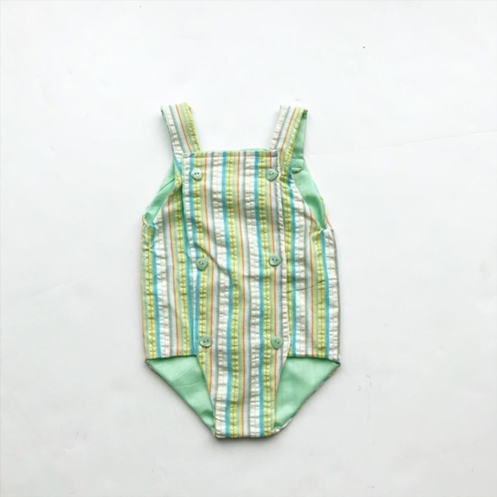 Vintage Stripe lined button front romper fits 6-12